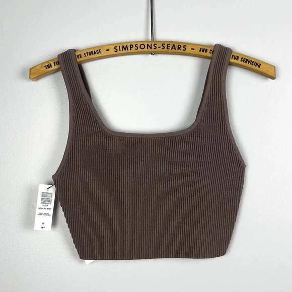 Aritzia Babaton Small Sculpt Knit Cropped Squareneck Tank Deep Taupe Ribbed - Picture 2 of 4